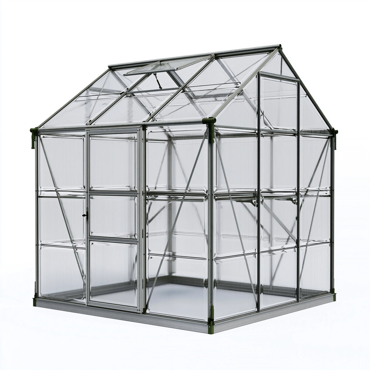 Serre de jardin 190 x 190 x 195 cm en aluminium gris avec panneaux transparents et lucarne ouvrante