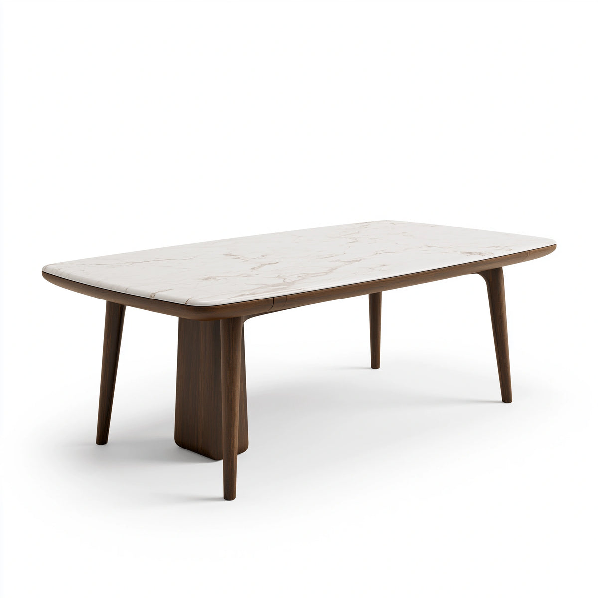 Table à manger 180 x 90 cm plateau effet marbre blanc piètement bois brun style contemporain