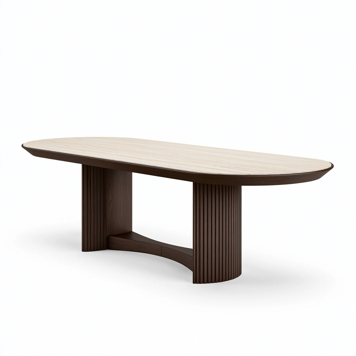 Table de salle à manger ovale 220 x 100 cm en bois brun et pierre claire style contemporain