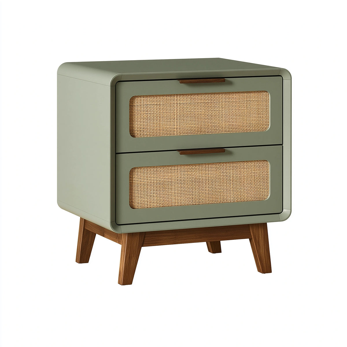 Table de chevet 50 x 40 x 60 cm en bois vert sauge avec cannage style rétro à 2 tiroirs