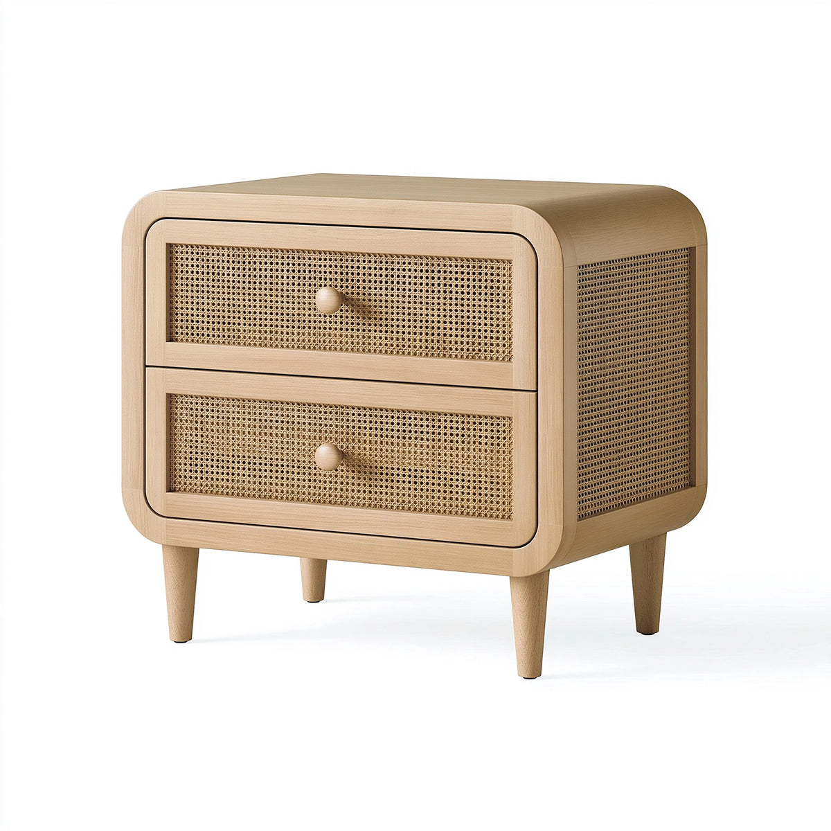Table de chevet 45 x 40 x 55 cm en bois beige avec cannage 2 tiroirs style naturel