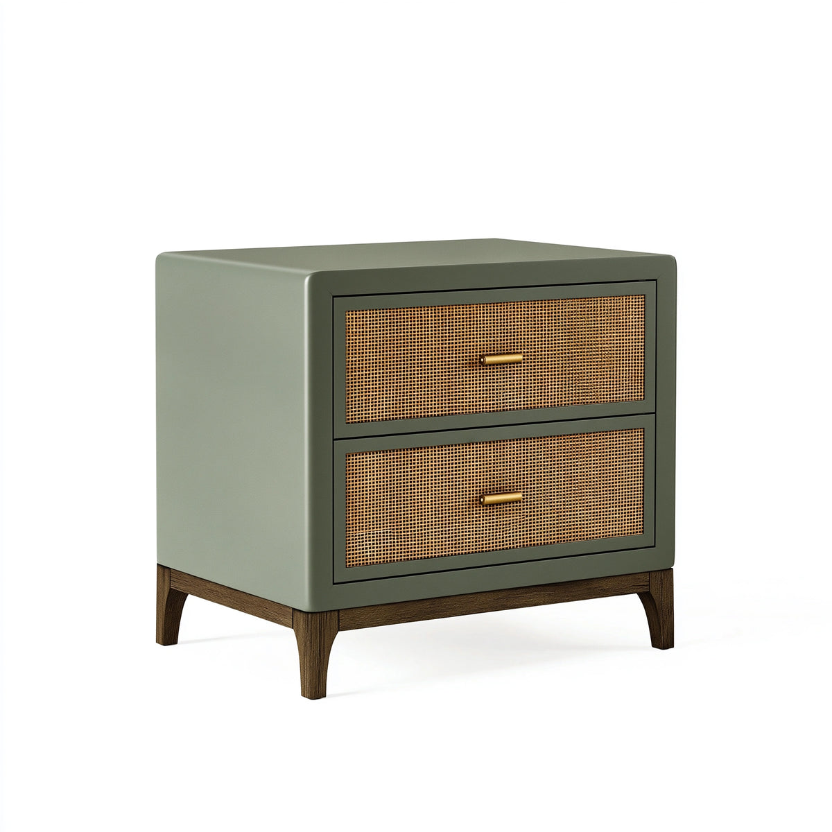 Table de chevet 55 x 40 x 60 cm en bois vert sauge avec cannage 2 tiroirs style rétro