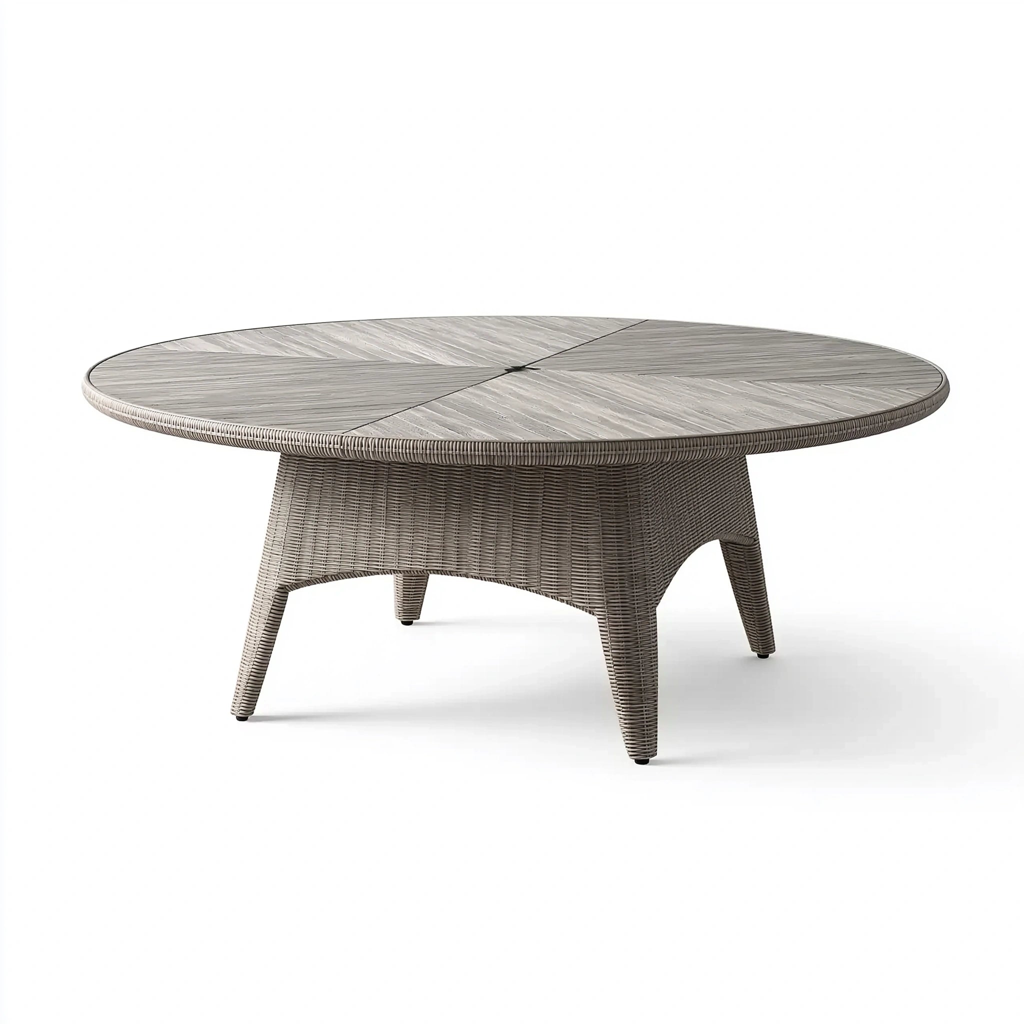Table de jardin ronde diamètre 150 cm résine tressée gris aspect bois style contemporain