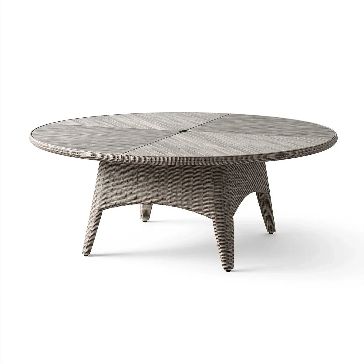 Table de jardin ronde diamètre 150 cm résine tressée gris aspect bois style contemporain