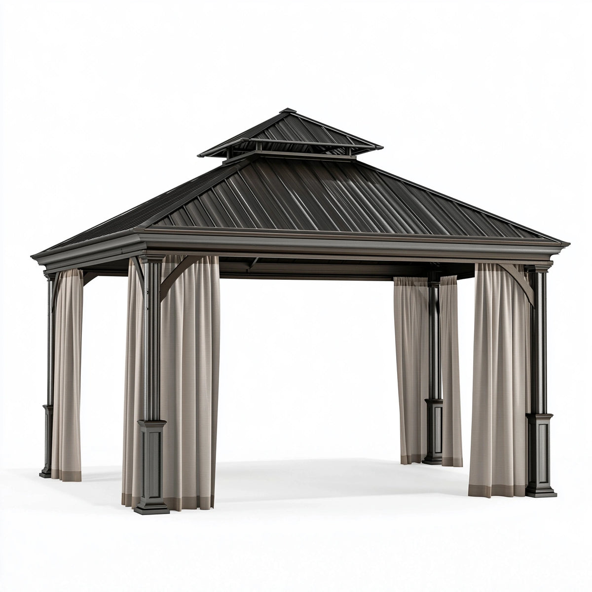 Pavillon de jardin 300 x 300 x 290 cm en métal noir avec rideaux toit rigide
