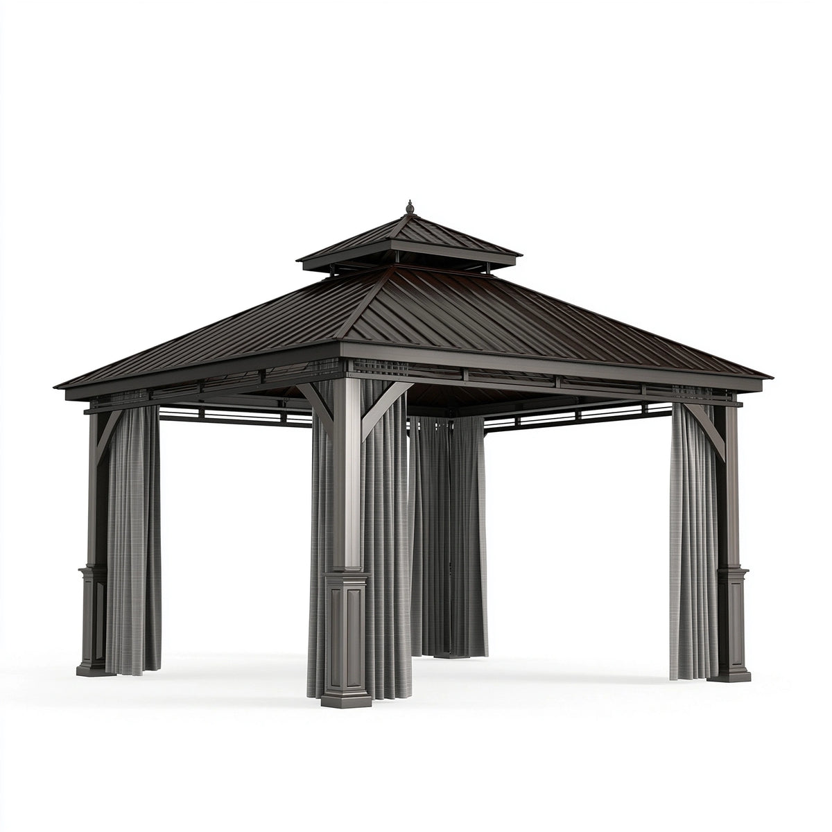 Tonnelle de jardin 300 x 300 x 300 cm en métal gris anthracite avec rideaux style pavillon