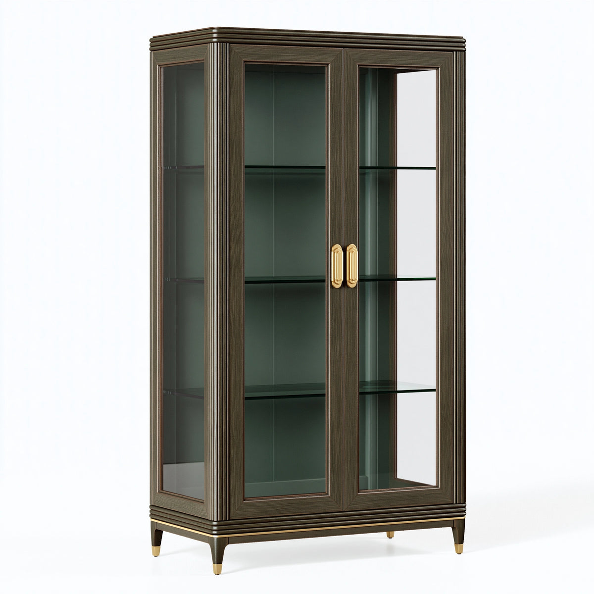 Vitrine 100 x 45 x 190 cm en bois et verre brun foncé doré style classique avec 2 portes